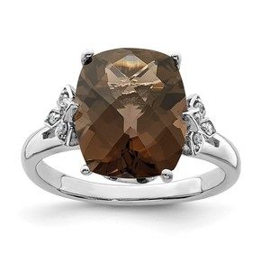 925 Sterling Silver Rhodium Checker-Cut Smoky Quartz & Diam. Ring